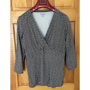 LL Bean Womens Peplum Tunic Blouse Shirt Sz L Black White Deep V Neck Pullover